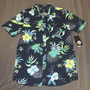 Volcom Hawaiian Shirt Men’s Large Navy Blue Sunriser Floral Short Sleeve